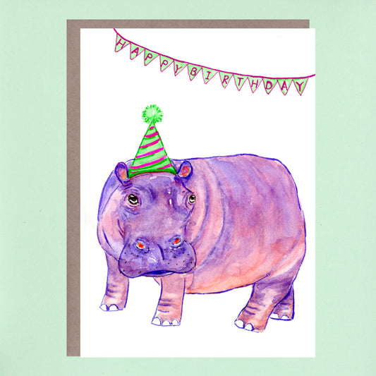 birthday hippo with green hat